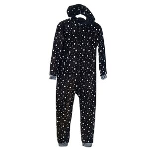 Girl's Art Class Black White Stars One Piece Hooded Pajamas Large 10/12